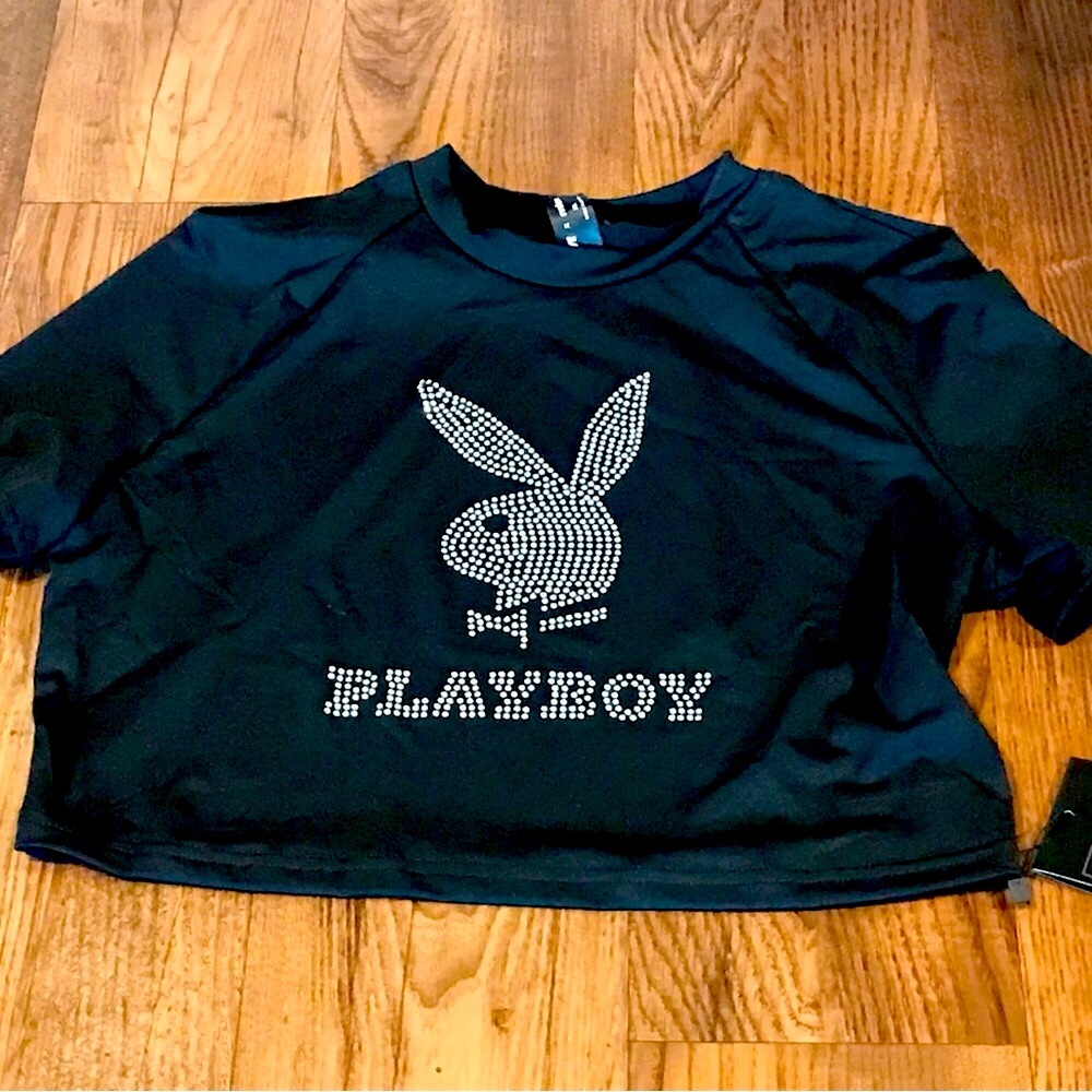 New tag Playboy ICONIC LOGO Crystal Logo Black Crop Top adult small juniors XL